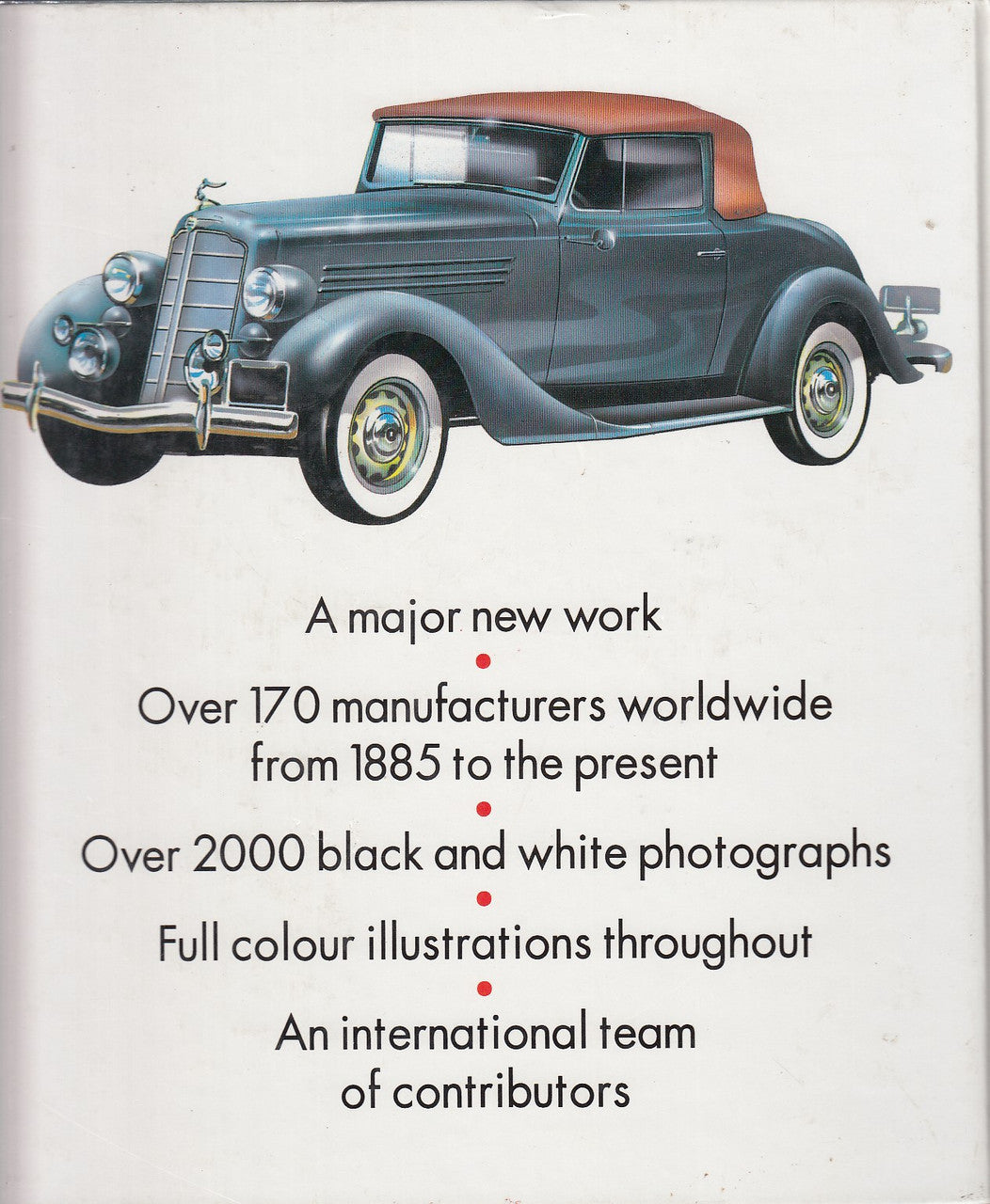 Hardback car encyclopedia book back cover with teal vintage car illustration and feature text