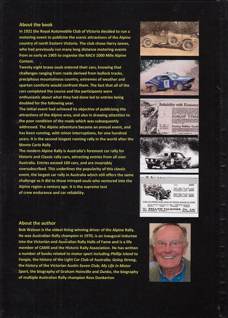 Back cover of signed rally history book with author photo and text paragraphs