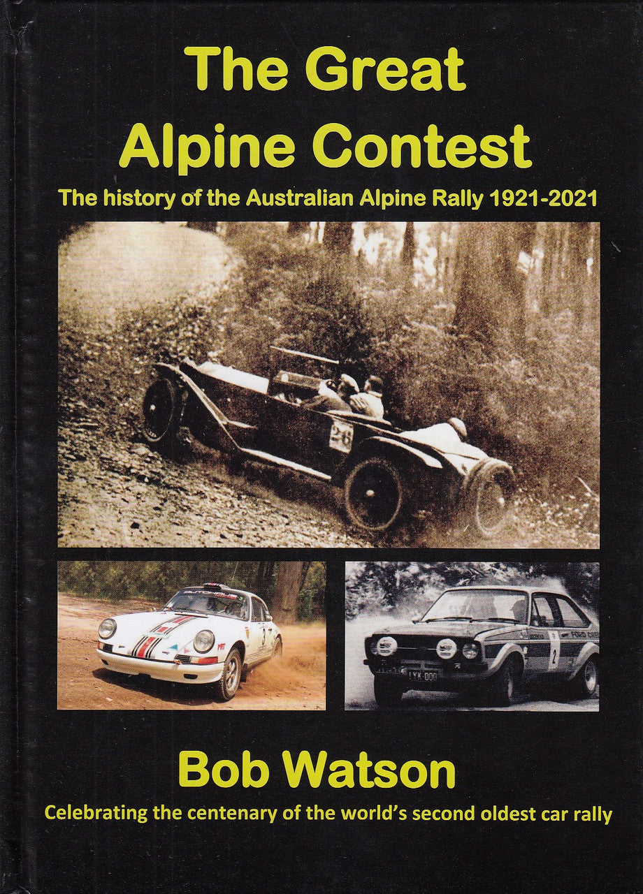 Signed history book with rally car cover and title text, featuring vintage cars