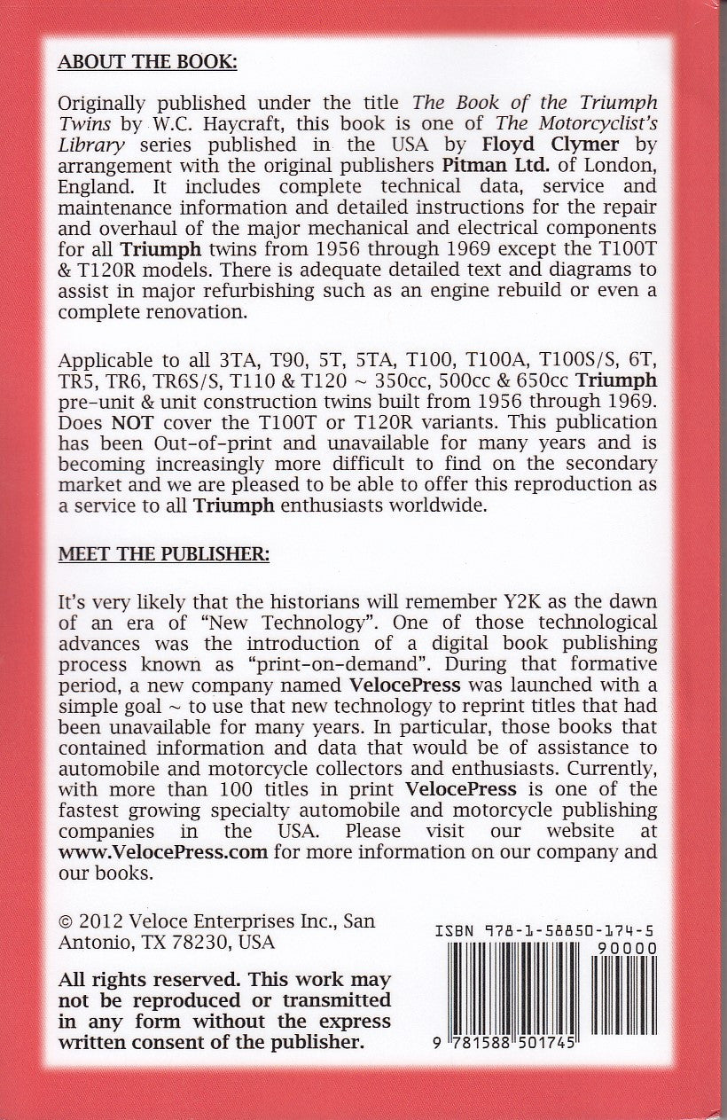 Motorcycle twins book back cover with publishing text and barcode