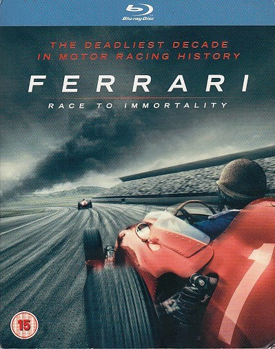 Ferrari race car history Blu-ray cover with red sports car on track