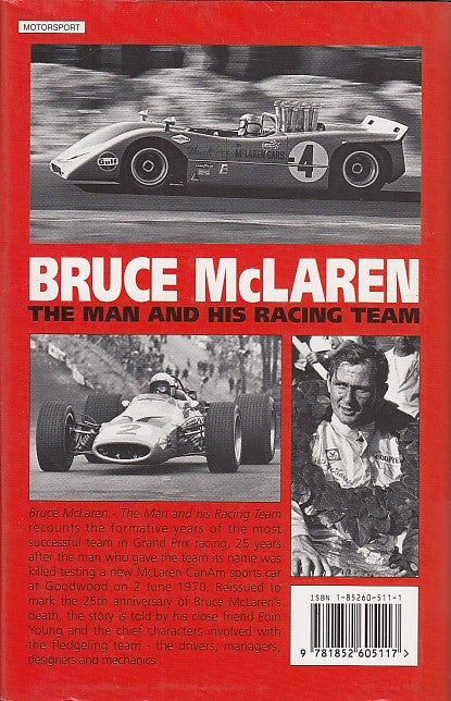 Hardcover book with red title text 'Bruce McLaren' and racing team cover photo