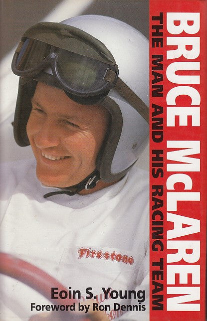 Hardcover book cover with smiling driver in helmet and red 'BRUCE McLAREN' text