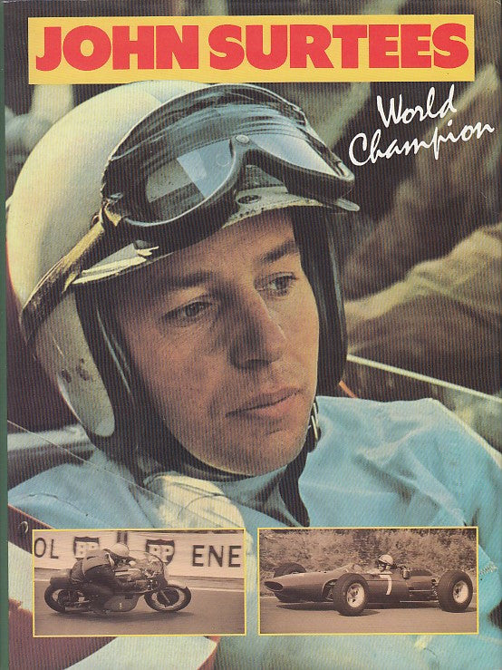 Motorsport book cover with John Surtees portrait in helmet and World Champion title