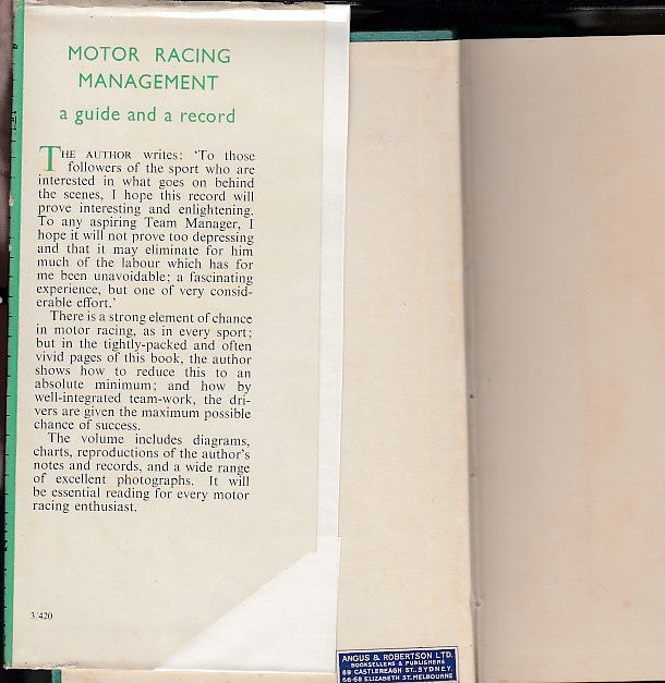 Motorsport management book page with printed paragraphs and headings