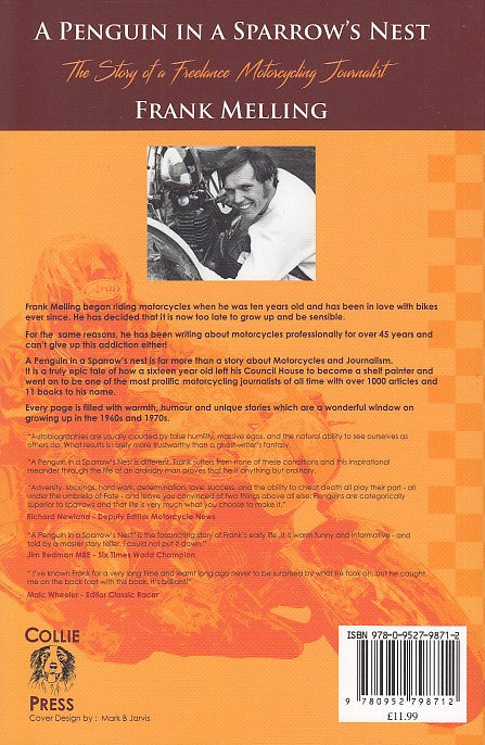 Book back cover with author photo, block text, and barcode on orange background