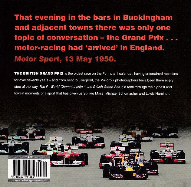 Vintage photo book cover with Formula race cars and printed quote