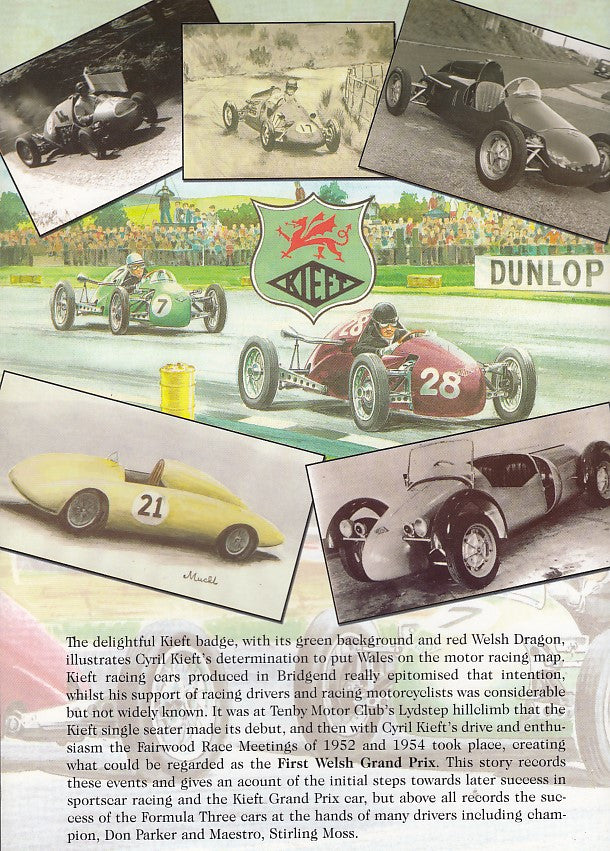 Racing cars history book page with photos, Kieft crest, and car captions.