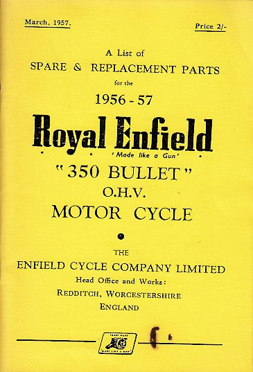 A List Of Spare & Replacement Parts Royal Enfield 350 Bullet O.H.V. Motorcycle 1956-57