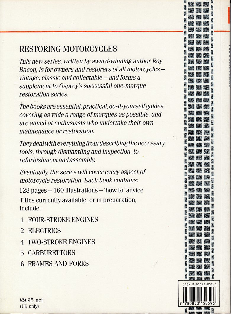 Restoring Motorcycles book back cover with restoration guide text and chapter list