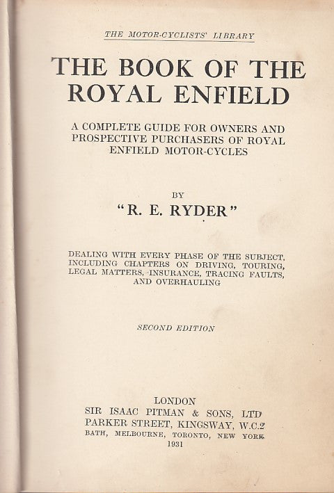 Paperback book page layout: Royal Enfield guide, R.E. Ryder, second edition, London 1931.