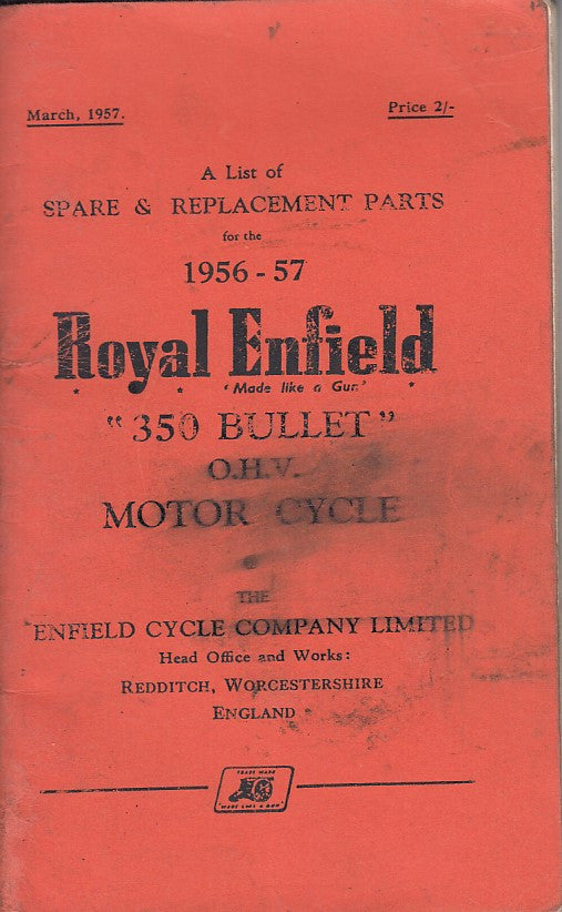 Royal Enfield 350 Bullet spare parts catalog booklet, red cover, 1956–57.