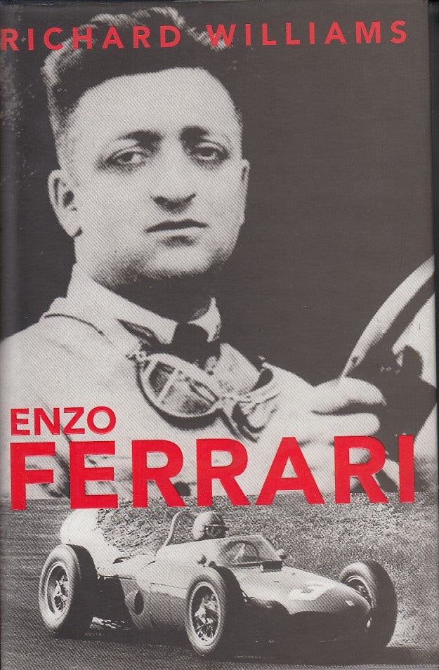 Book cover close-up with black-and-white portrait and large red Enzo Ferrari title