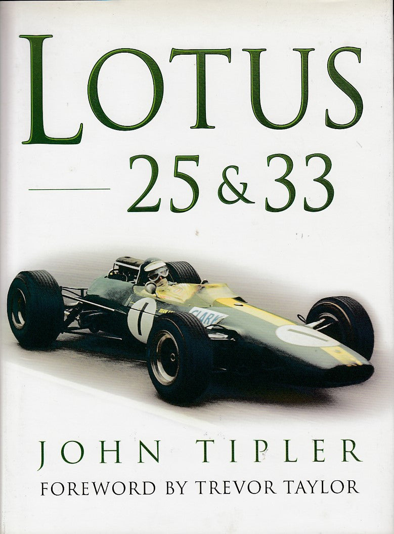 Lotus 25 & 33 book cover with green title and vintage race car illustration