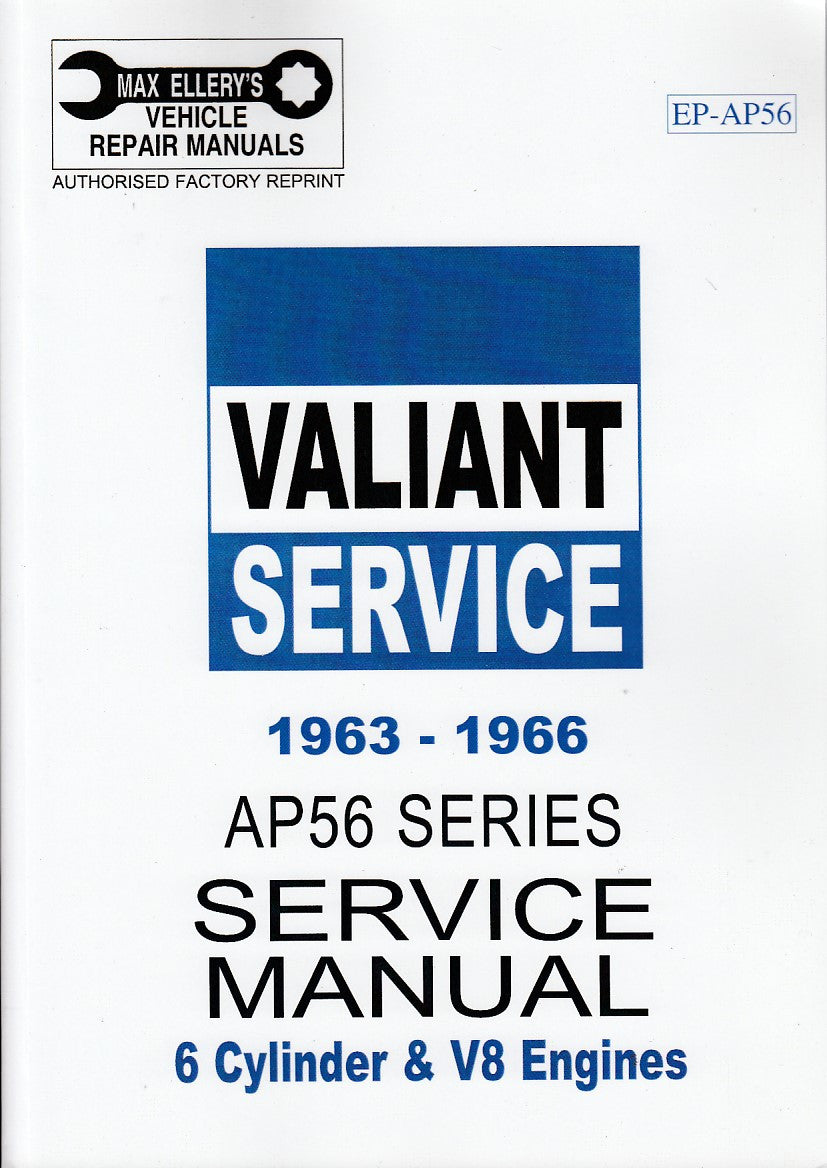 Valiant AP56 service manual cover, 1963–1966, 6-cylinder and V8 engine