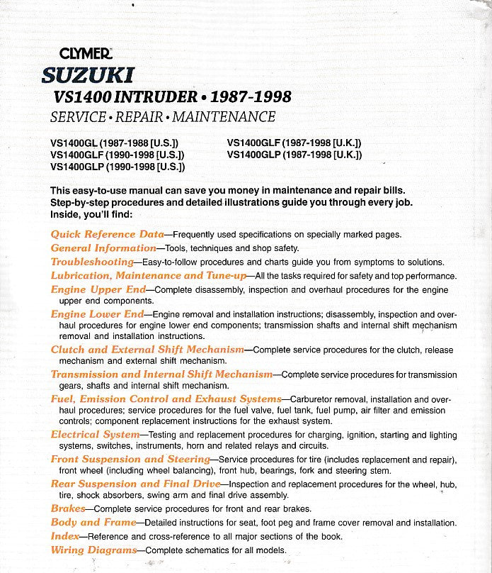 Clymer Suzuki VS1400 Intruder manual page with service repair maintenance sections list