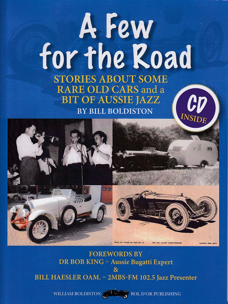 Book cover with blue title, vintage car photos, and CD inside badge