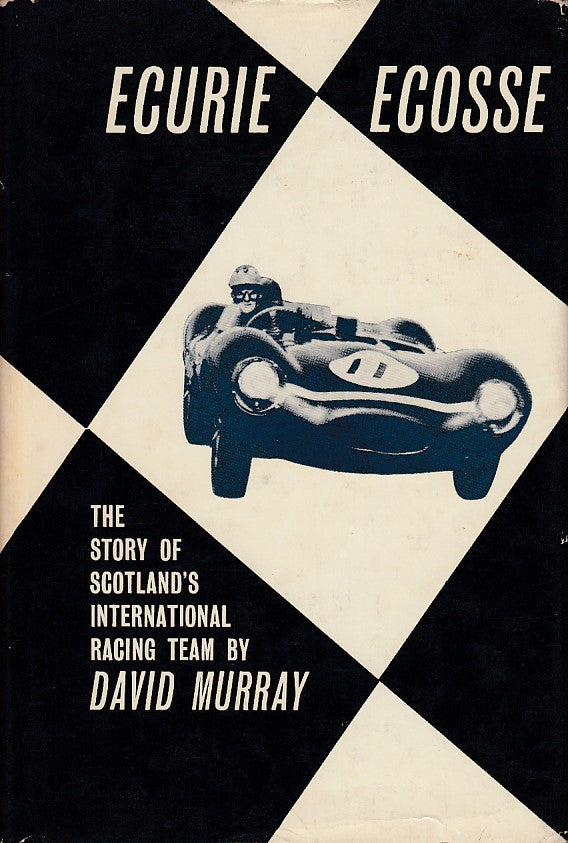 Book cover with racing car illustration, geometric black-and-cream layout, and title text.