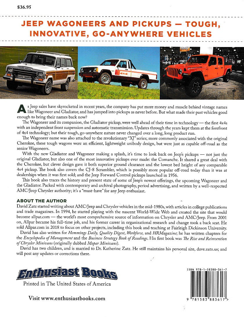 Jeep Wagoneer illustrated history paperback, back cover with vehicle photos and barcode