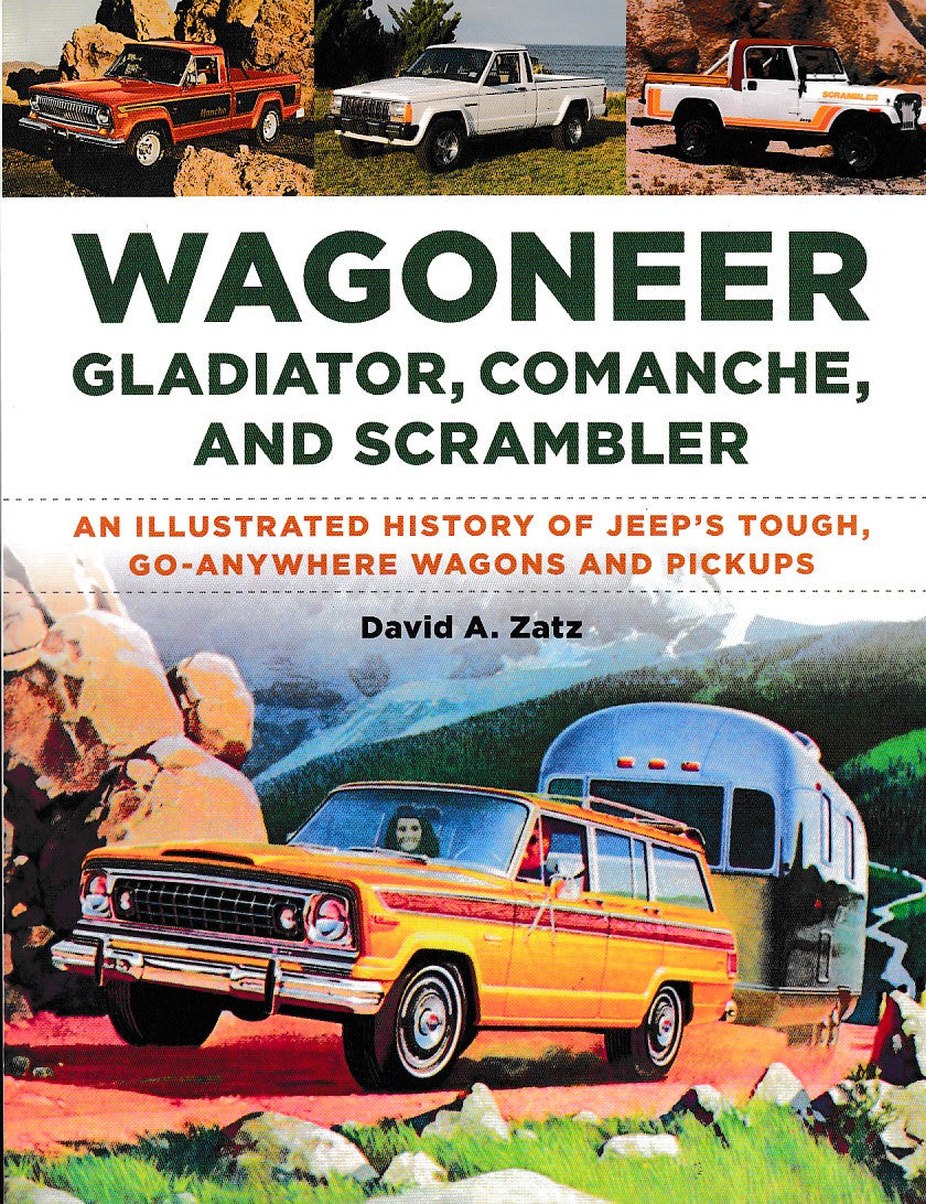 Illustrated history book cover for Jeep Wagoneers, with orange and white truck artwork