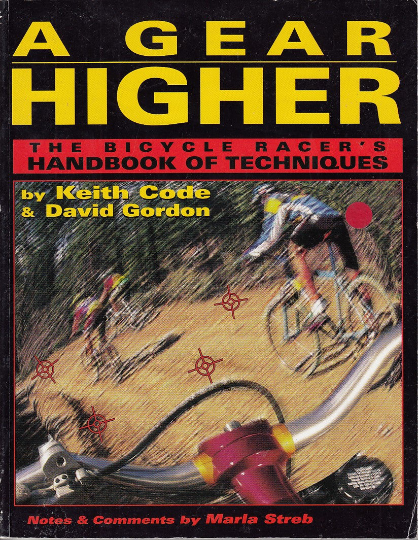 Bicycle racing book cover with 'A GEAR HIGHER' title and stylized rider artwork