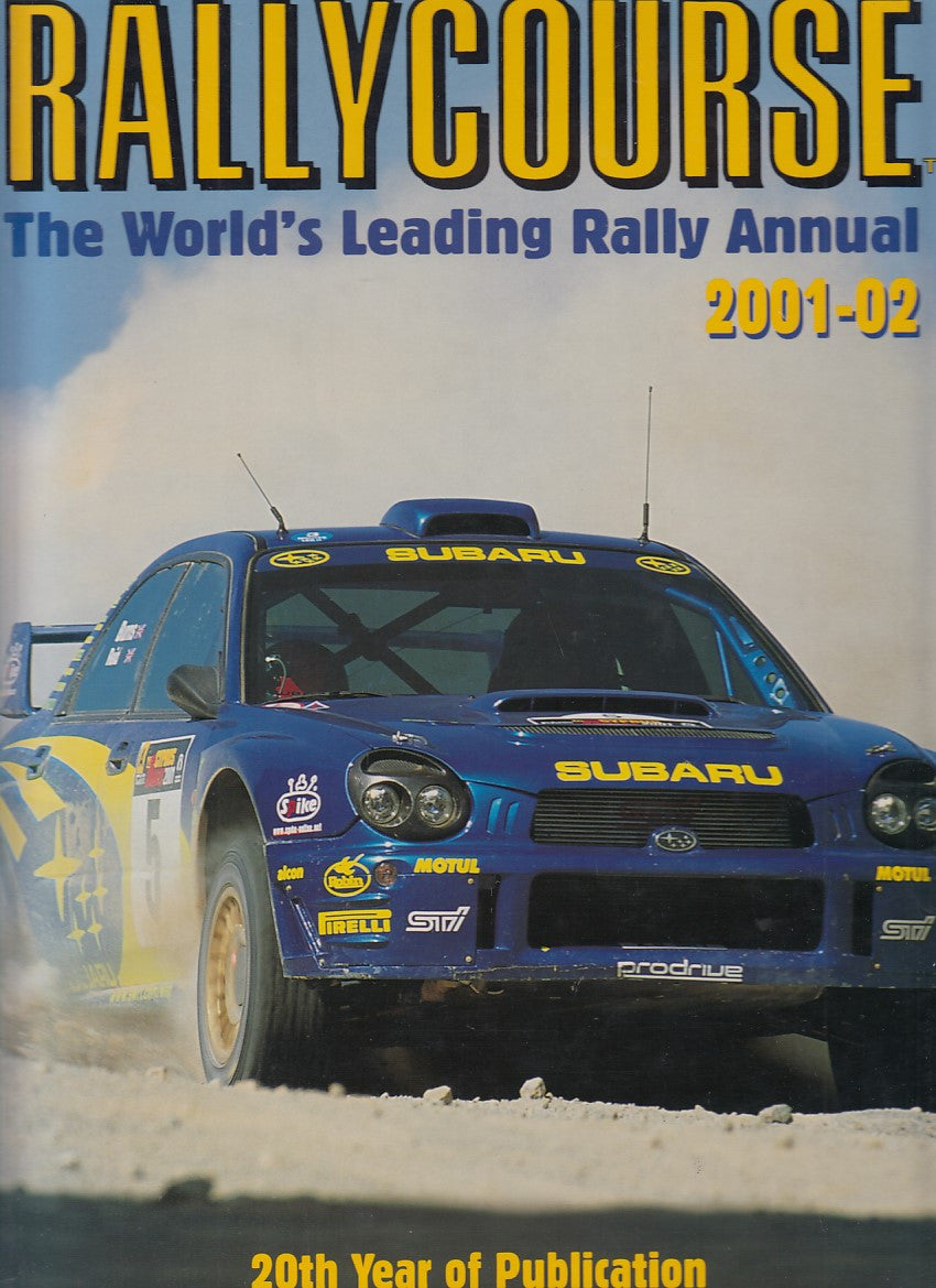 Rallycourse 2001-02 rally magazine cover with blue race car and yellow title text