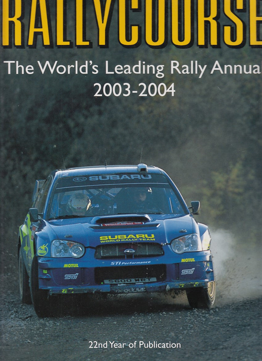 Rallycourse 2003-2004 publication cover with blue Subaru rally car on dirt road