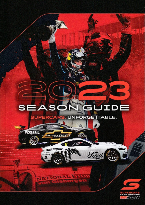 2023 season guide cover with Supercars logo, helmeted driver, and red car
