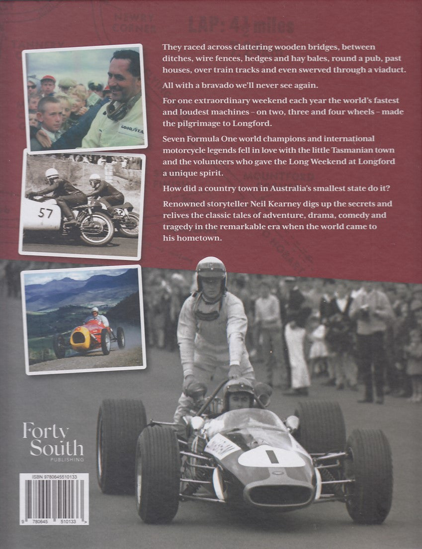 Longford book back cover with rider in helmet and vintage race car photos