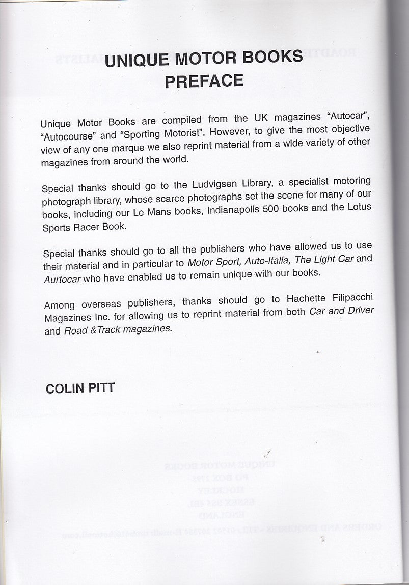 Book page: UNIQUE MOTOR BOOKS PREFACE text with signature line