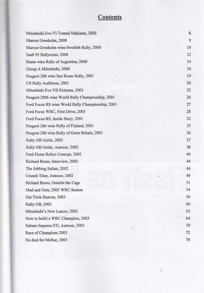 Book contents page listing events and page numbers under Contents heading