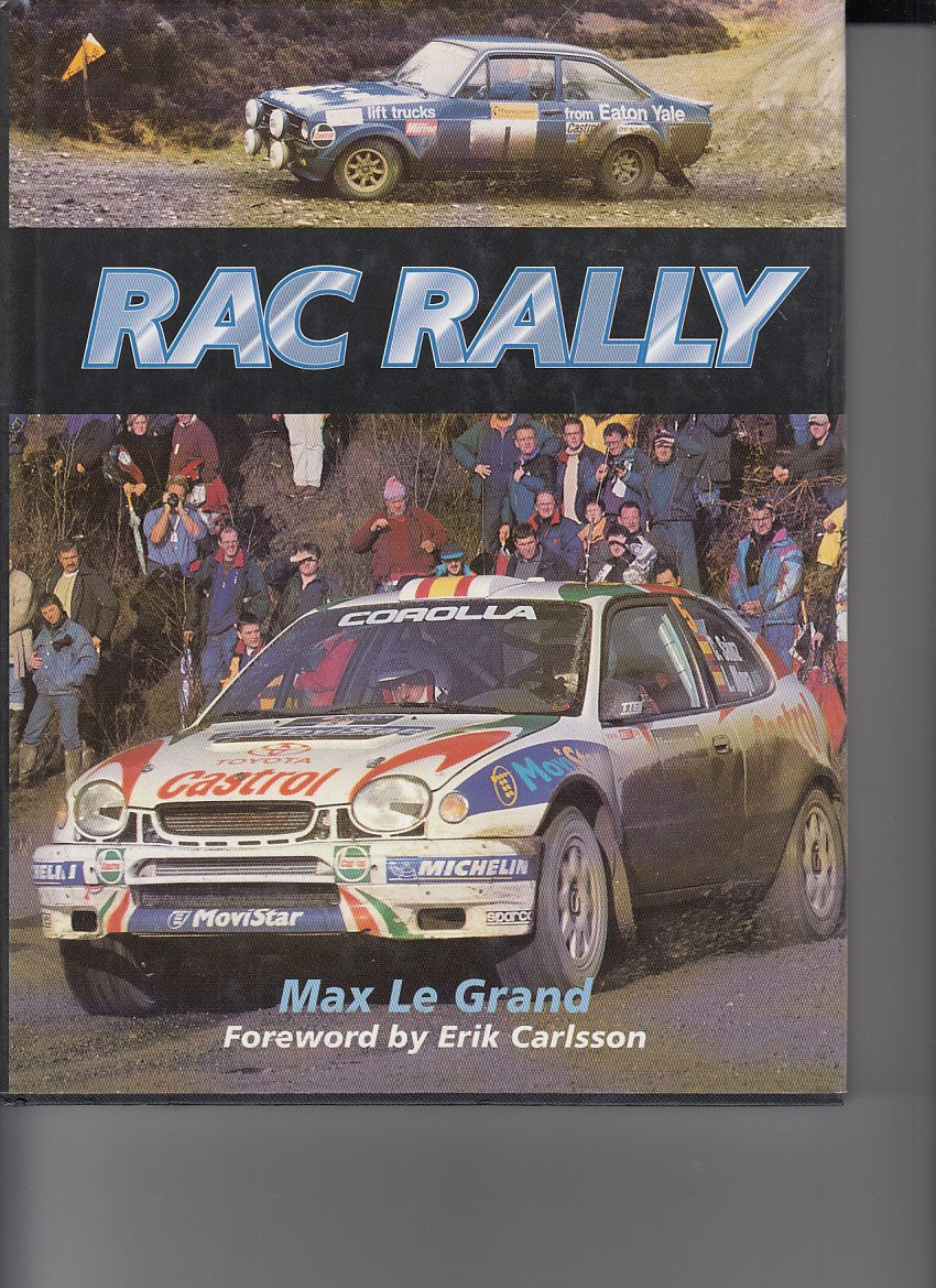 RAC Rally book cover with cream race car, crowd, and rally title graphics