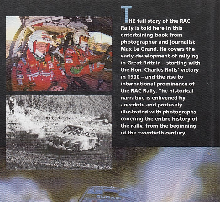 RAC Rally book page with vintage rally car photos and dense text block