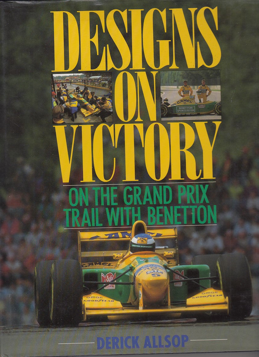 Book cover with racing car photo and bold yellow title text: Designs on Victory.