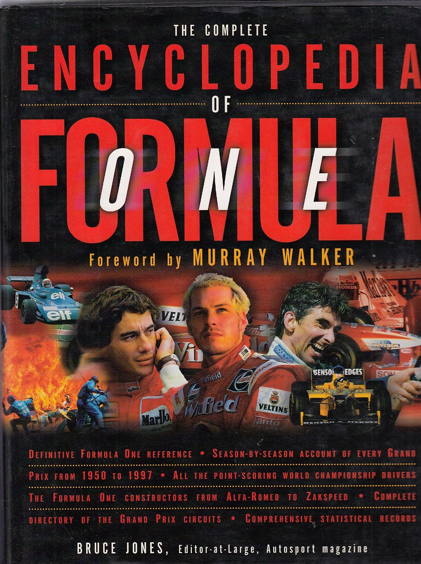 Encyclopedia-style Formula One book cover with red and black lettering and drivers photo