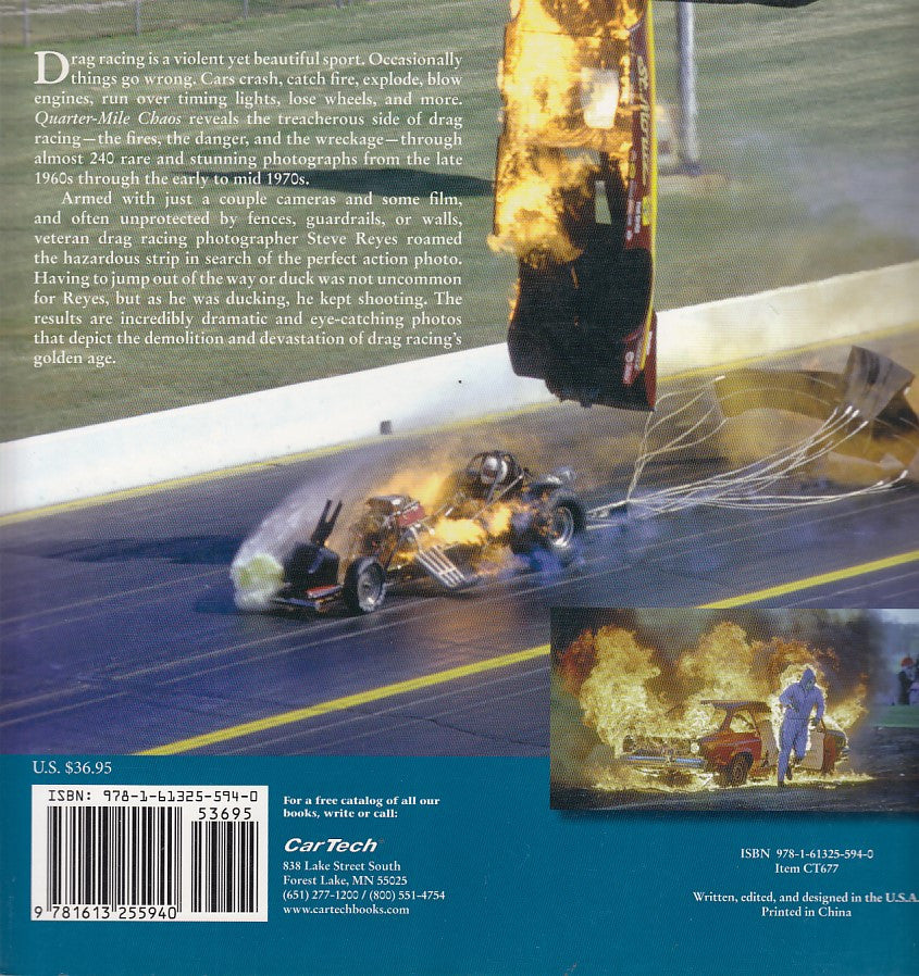 Paperback book back cover with dragster photos and fiery crash scene