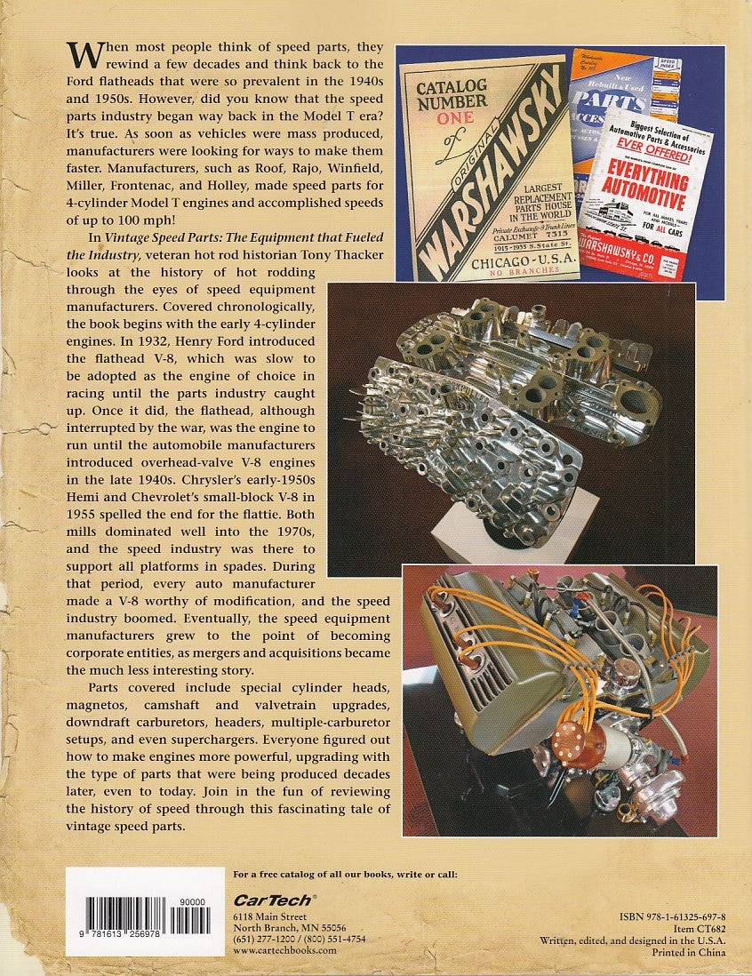 Vintage Speed Parts book page with engine and carburetor photos, text, and barcode