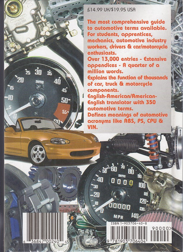 Automotive A-Z Lane's automotive terms guide book back cover with description text