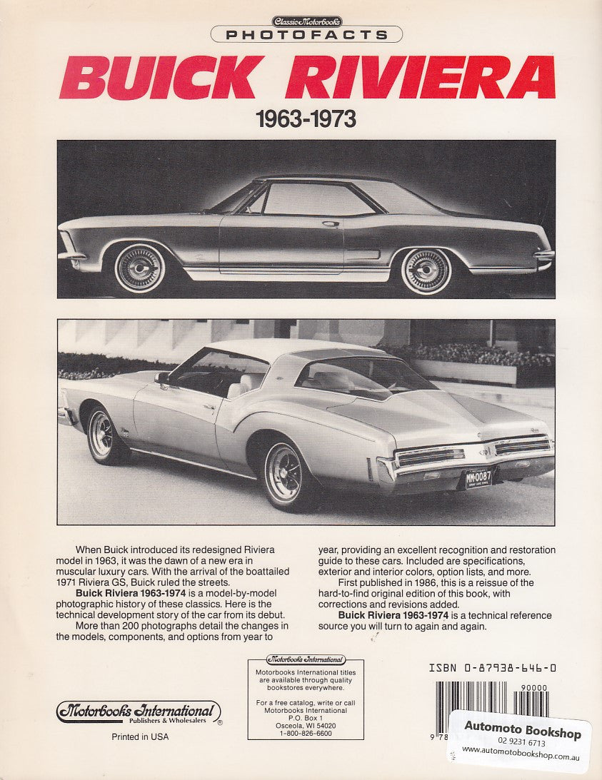 Buick Riviera PhotoFacts book cover with two car photos, 1963–1973