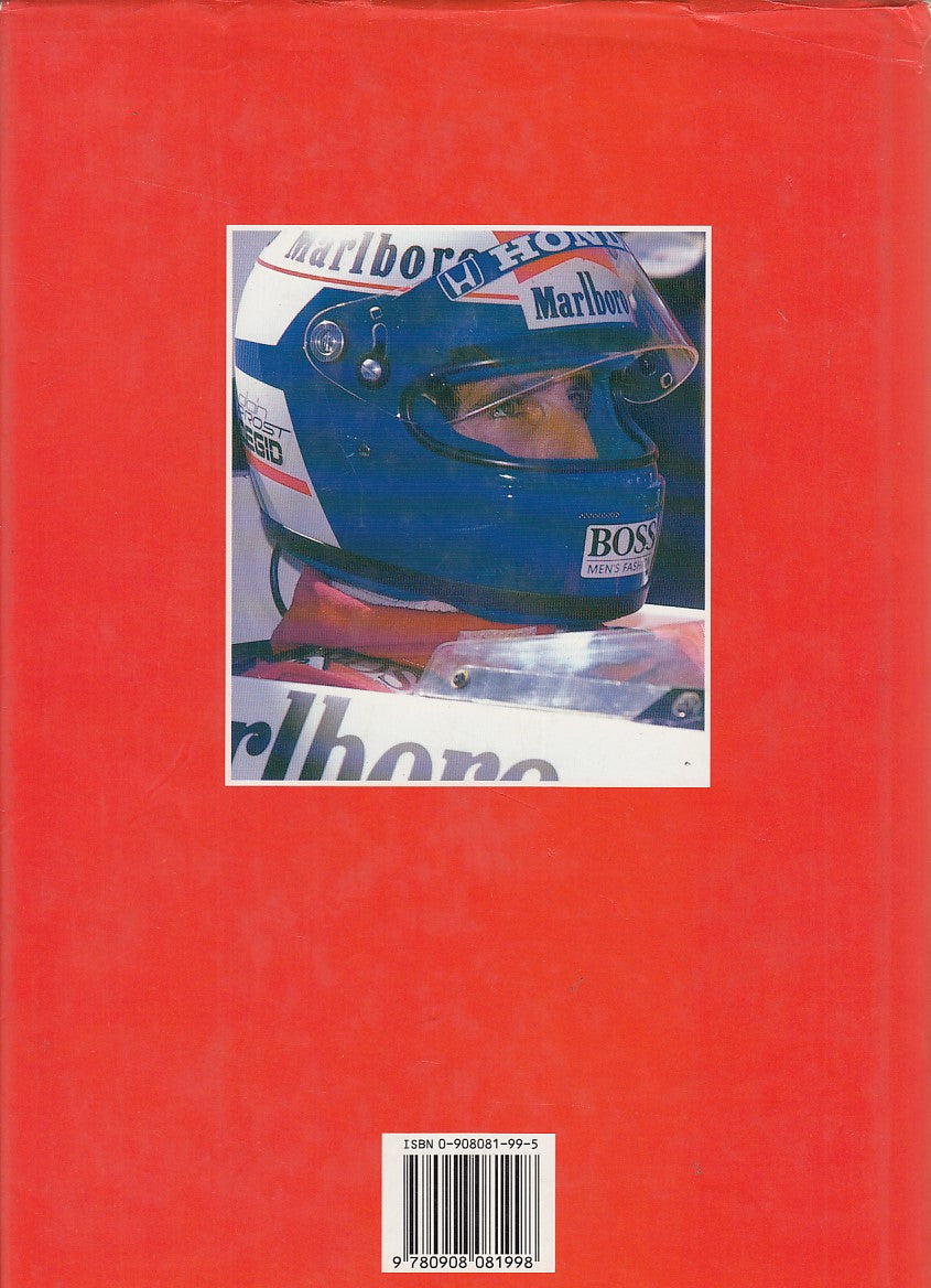 Racing car book cover with blue helmet close-up and sponsor logos
