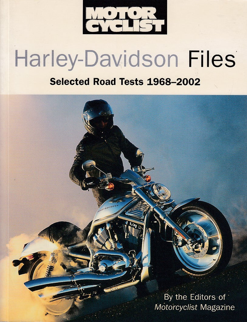 Motorcycle road test book cover with Harley-Davidson title and rider on blue bike