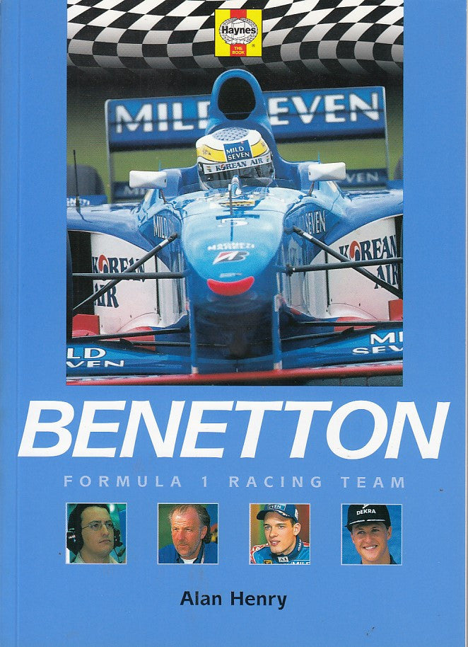 Benetton Formula 1 Racing Team book cover with blue race car and checkered flag banner