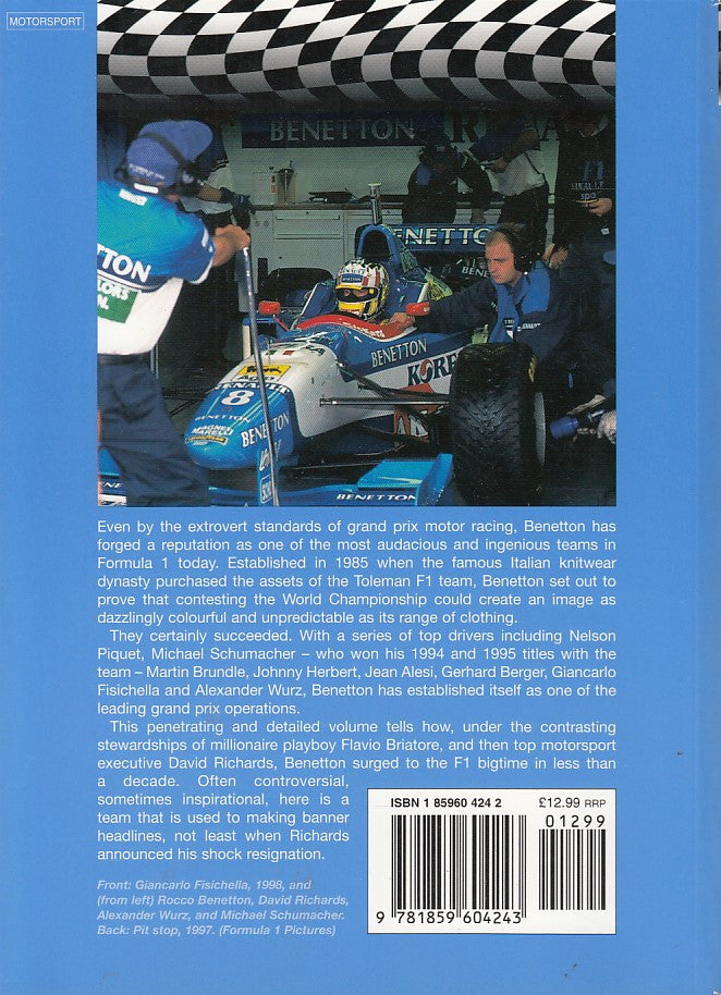 Benetton Formula 1 Racing Team book back cover with race car, crew, and barcode