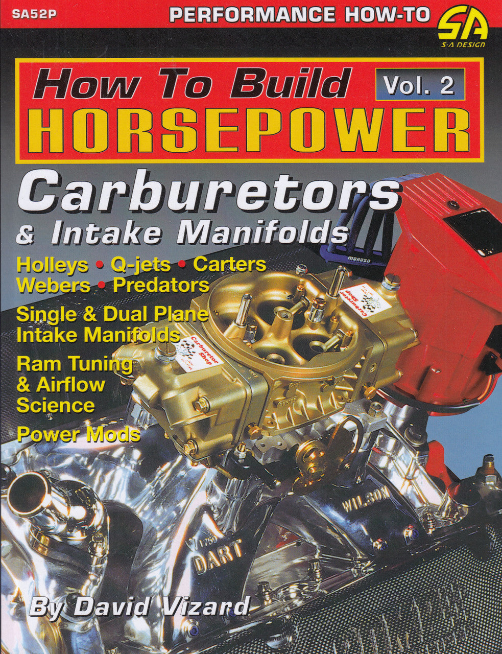 Automotive performance how-to book cover featuring carburetor and intake manifold graphics