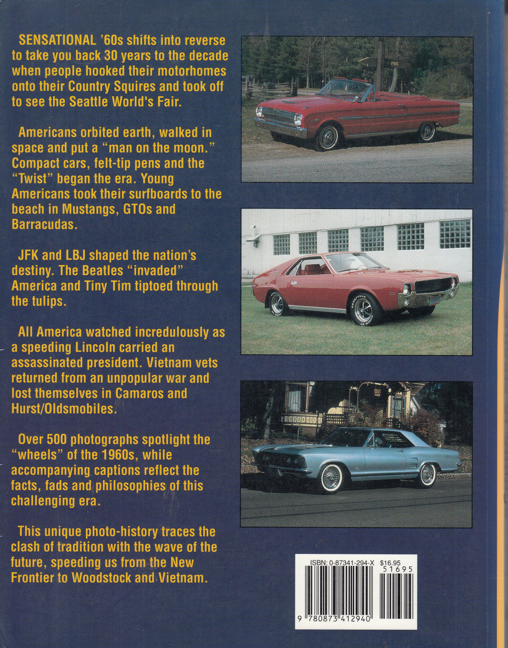 Back cover of paperback with text blocks, vintage car photos, and barcode at bottom.