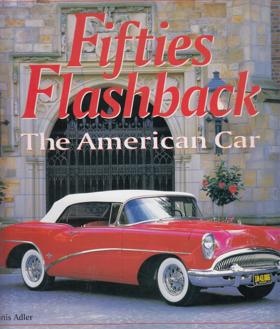 Vintage car photo book cover with red sedan parked in front of stone building