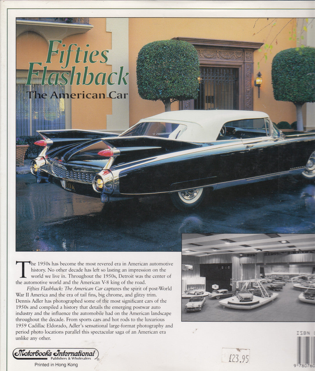 Vintage car photo book, back cover collage with classic black sedan and text