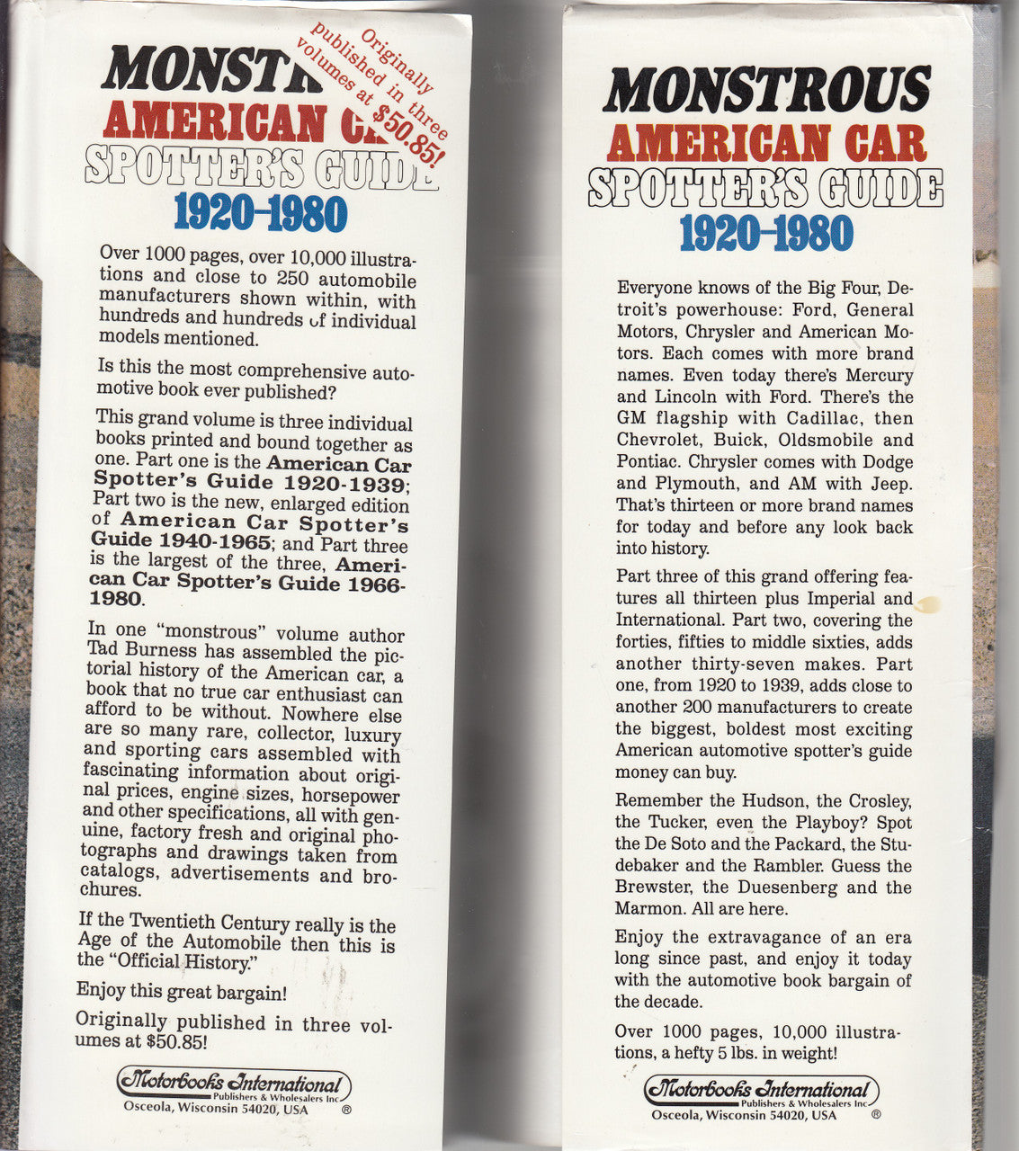 Open car spotters guidebook with two pages of dense text about 1920–1980.