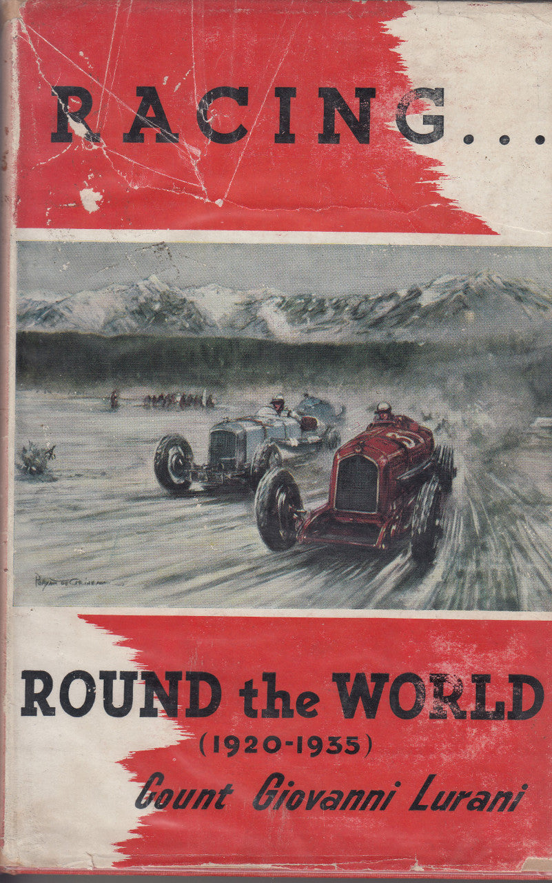 Hardcover racing book cover with vintage cars and bold red 'ROUND THE WORLD' text