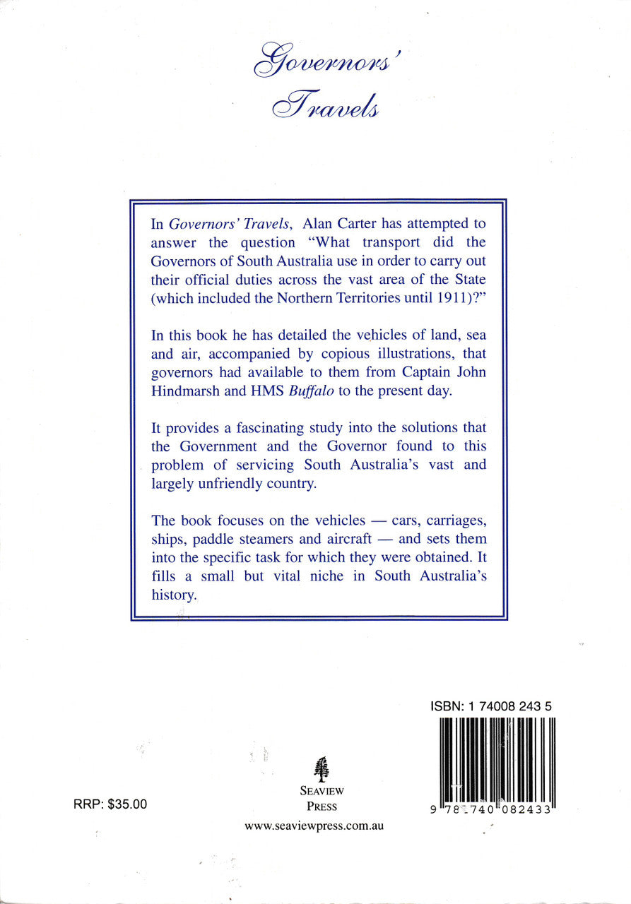 Governors' Travels book back cover with summary text, ISBN, and barcode.